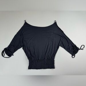 Made on Earth Cold Shoulder Smocked Waist Dolman Sleeve Yoga Top Med/Large